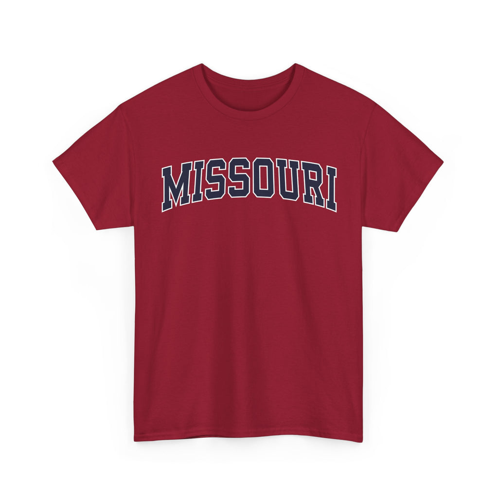 Red t-shirt with 'MISSOURI' printed on a white background