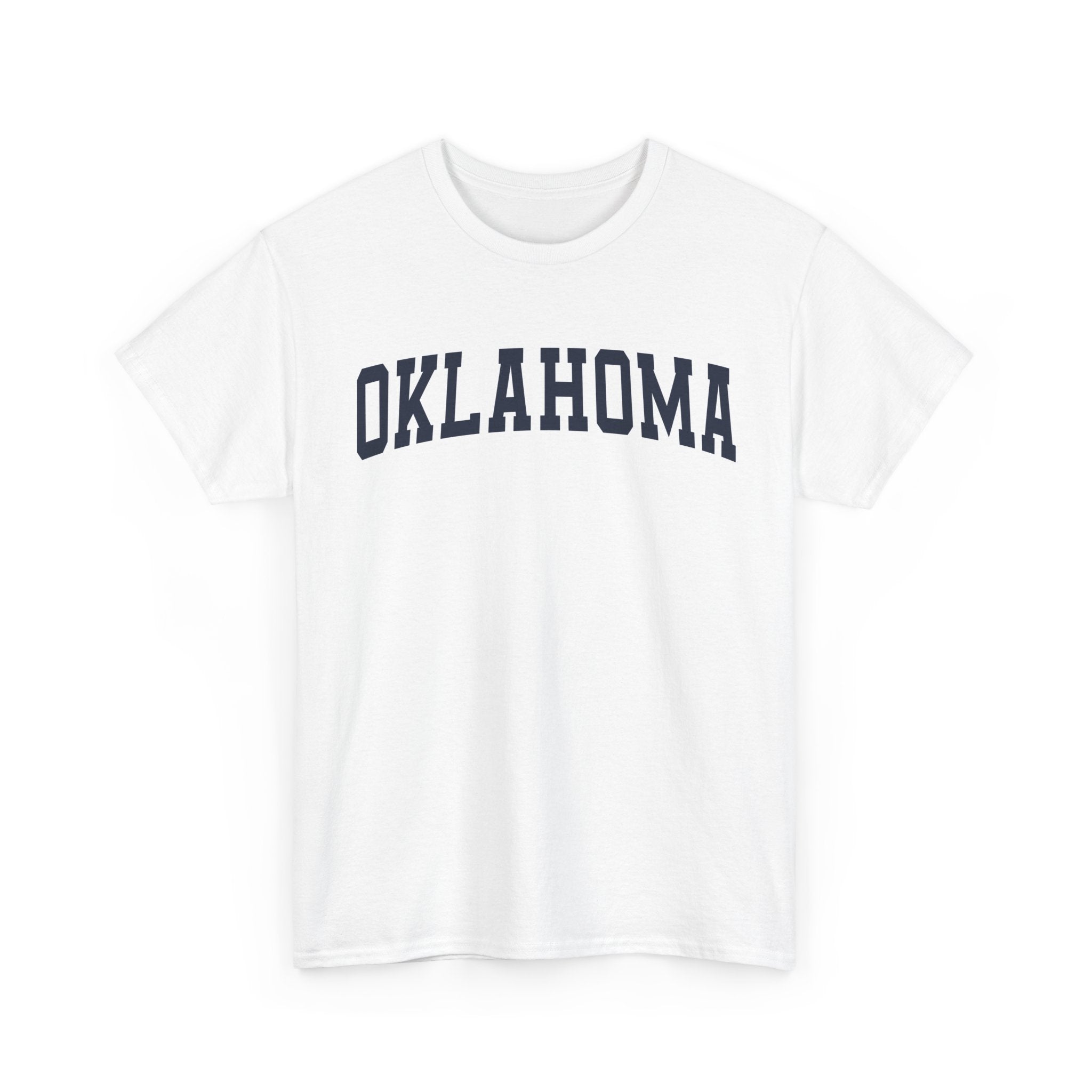 White t-shirt with 'OKLAHOMA' text on a white background