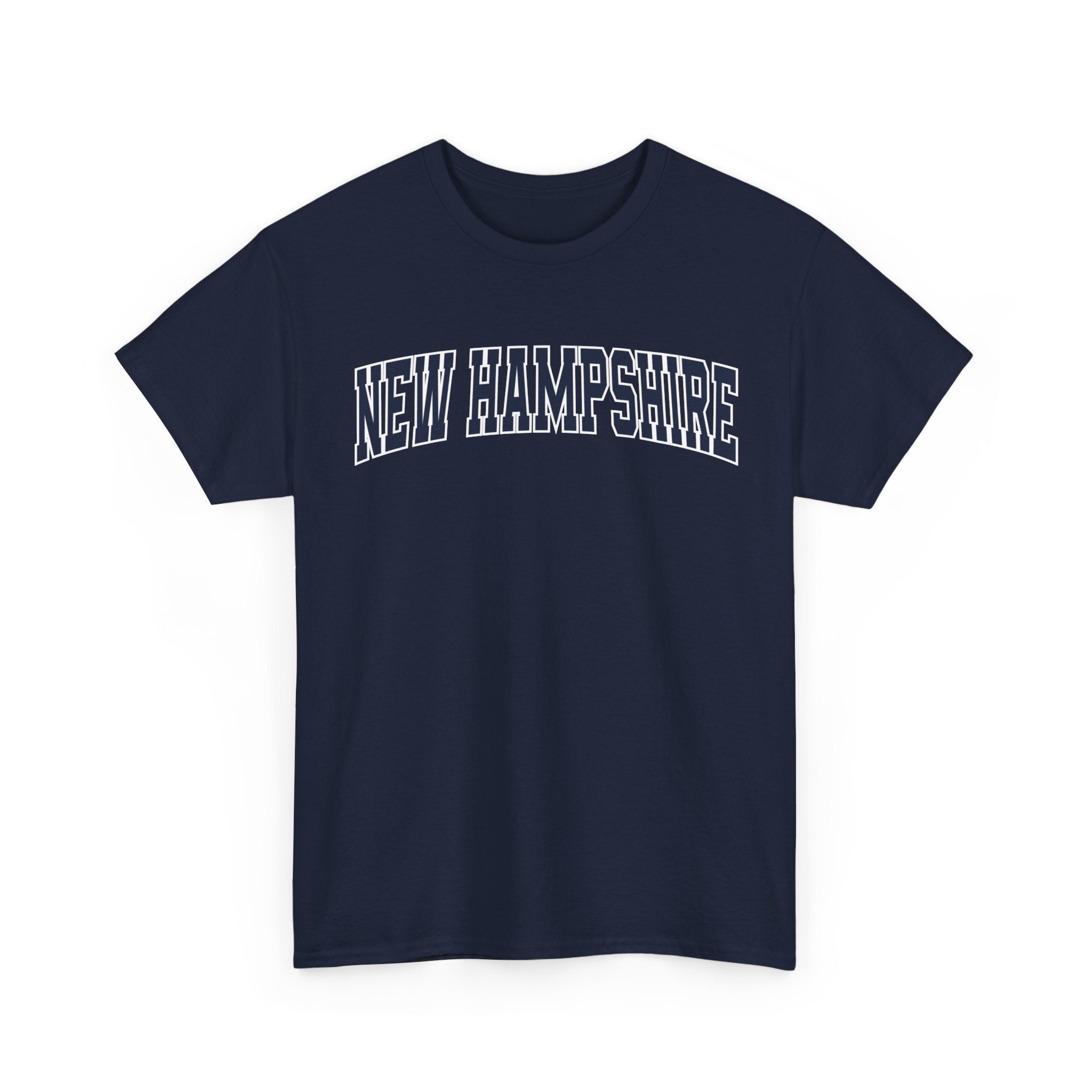 Navy blue t-shirt with 'NEW HAMPSHIRE' text on a white background