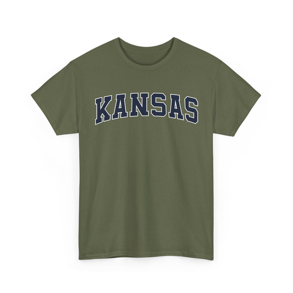Green t-shirt with 'KANSAS' printed on it against a white background
