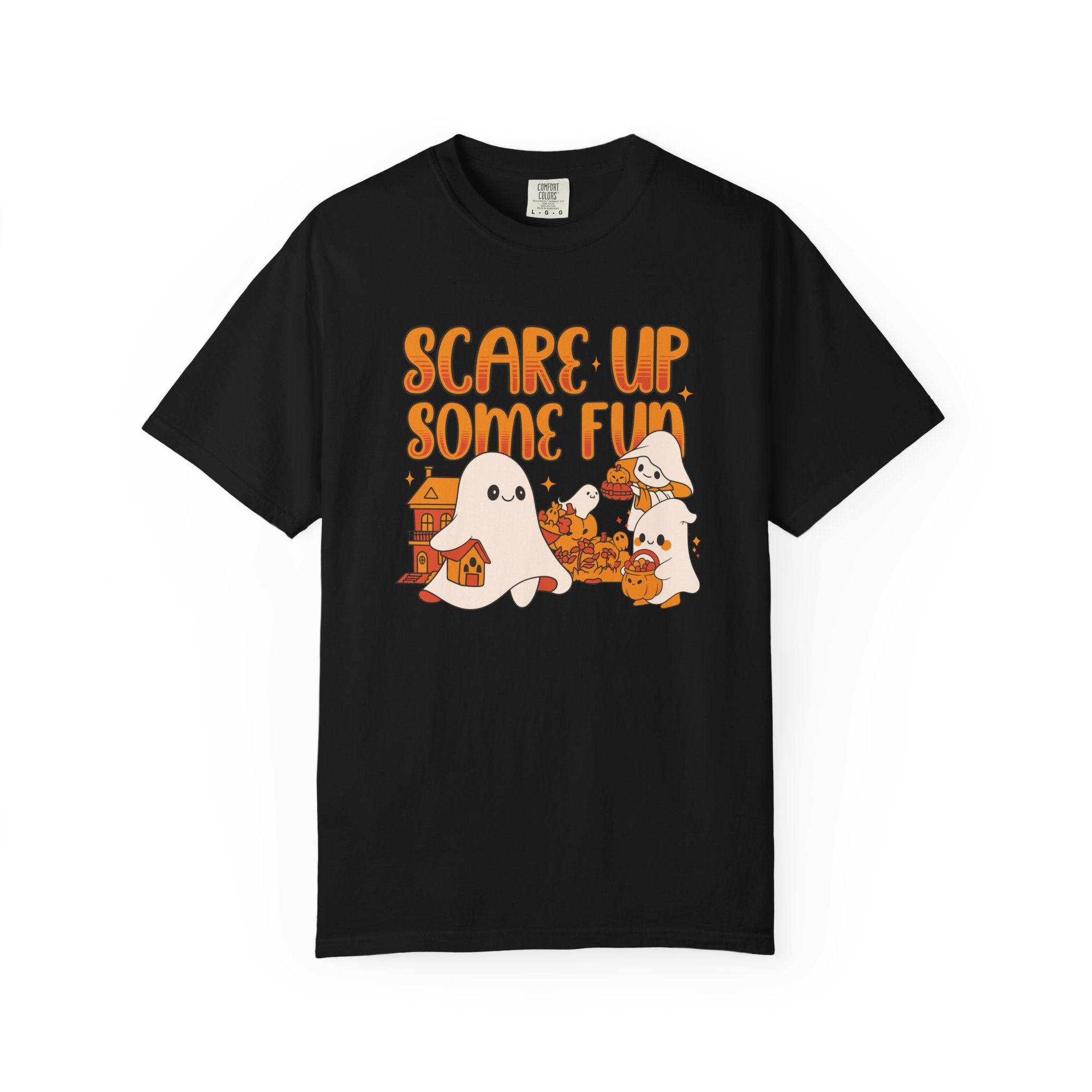 Funny Halloween Ghost T-Shirt: Spooky Pumpkin Design with ’Scare Up Some Fun’ Quote - Black / S - T-Shirt