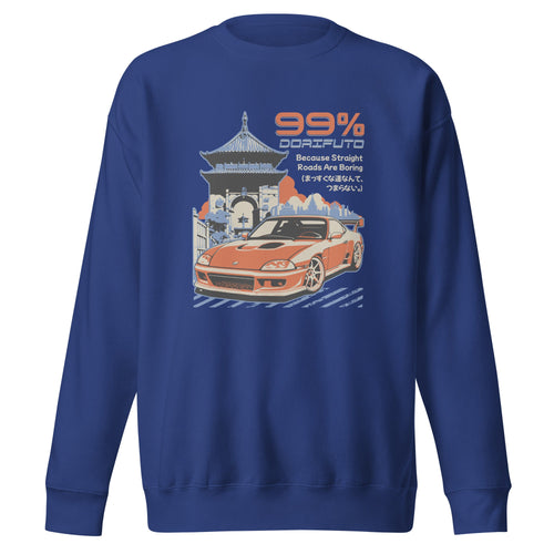 blue sweatshirt with Vintage Car Drift Japanese graphic design on a white background