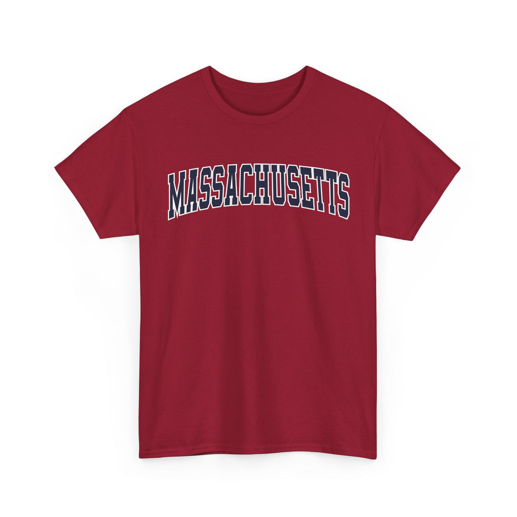 Red t-shirt with 'MASSACHUSETTS' text on a white background