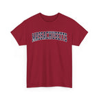 Red t-shirt with 'MASSACHUSETTS' text on a white background