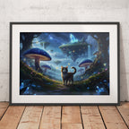 Framed artwork of a cat in a fantasy forest with mushrooms and floating islands.