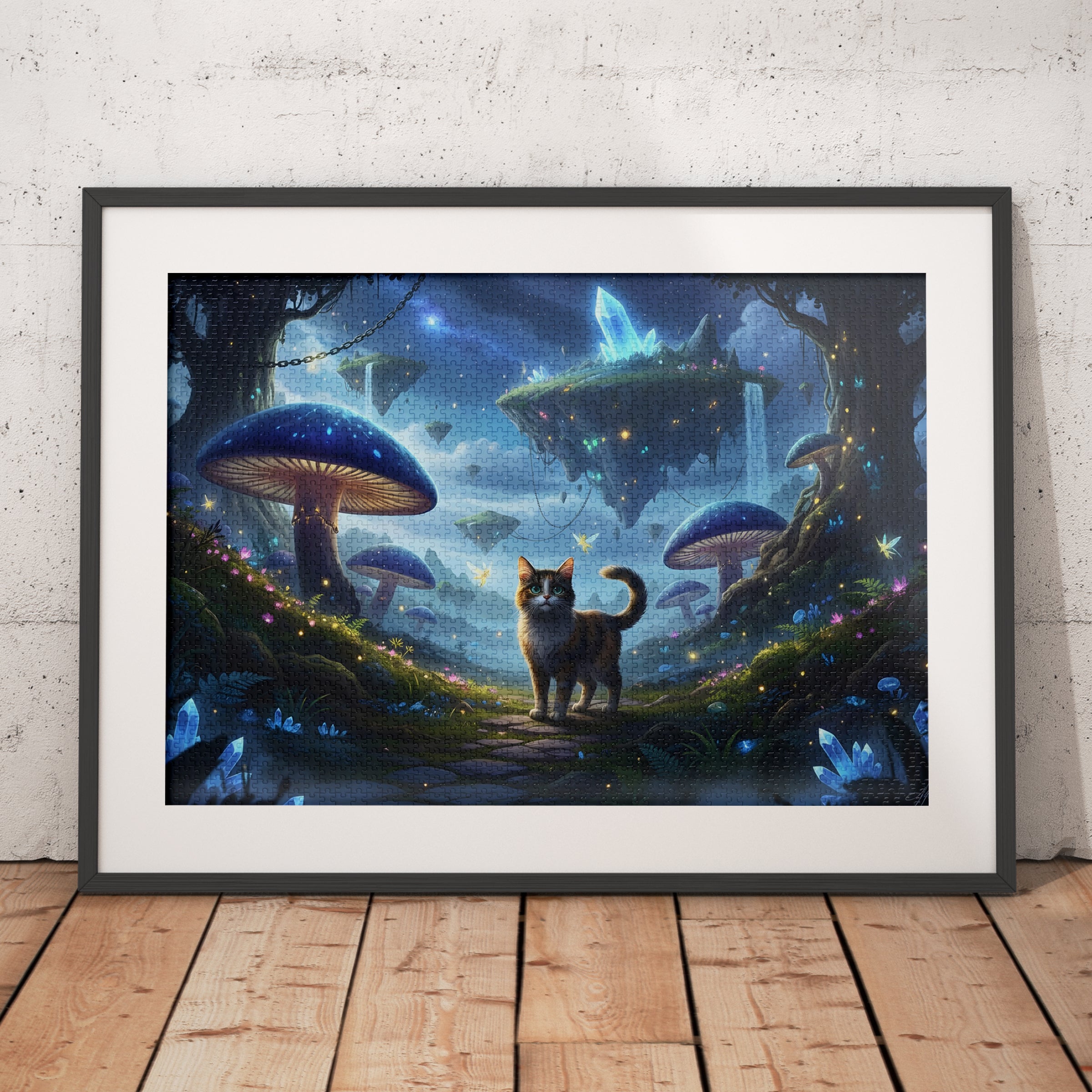 Framed artwork of a cat in a fantasy forest with mushrooms and floating islands.
