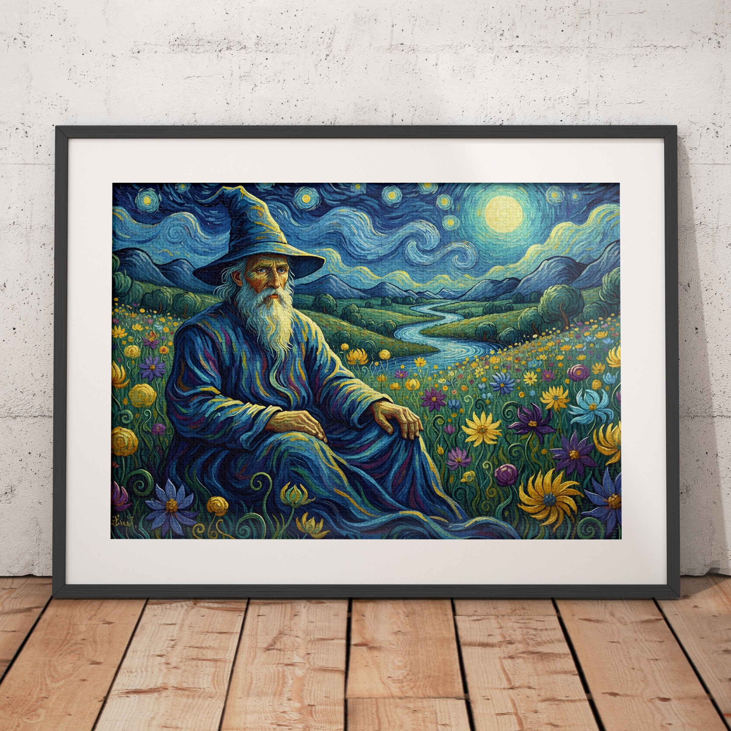 Framed jigsaw puzzle artwork of a wizard sitting in a mystical landscape with flowers and stars.