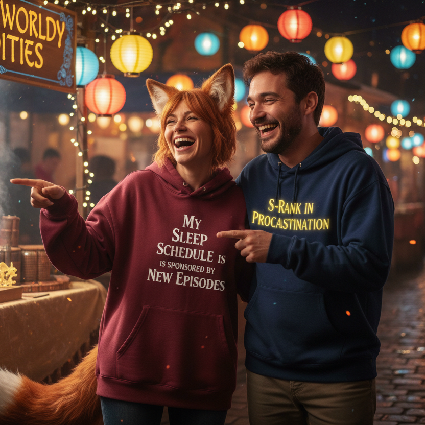Two people wearing hoodies with humorous text, one with a fox costume, at a night market with colorful lights.