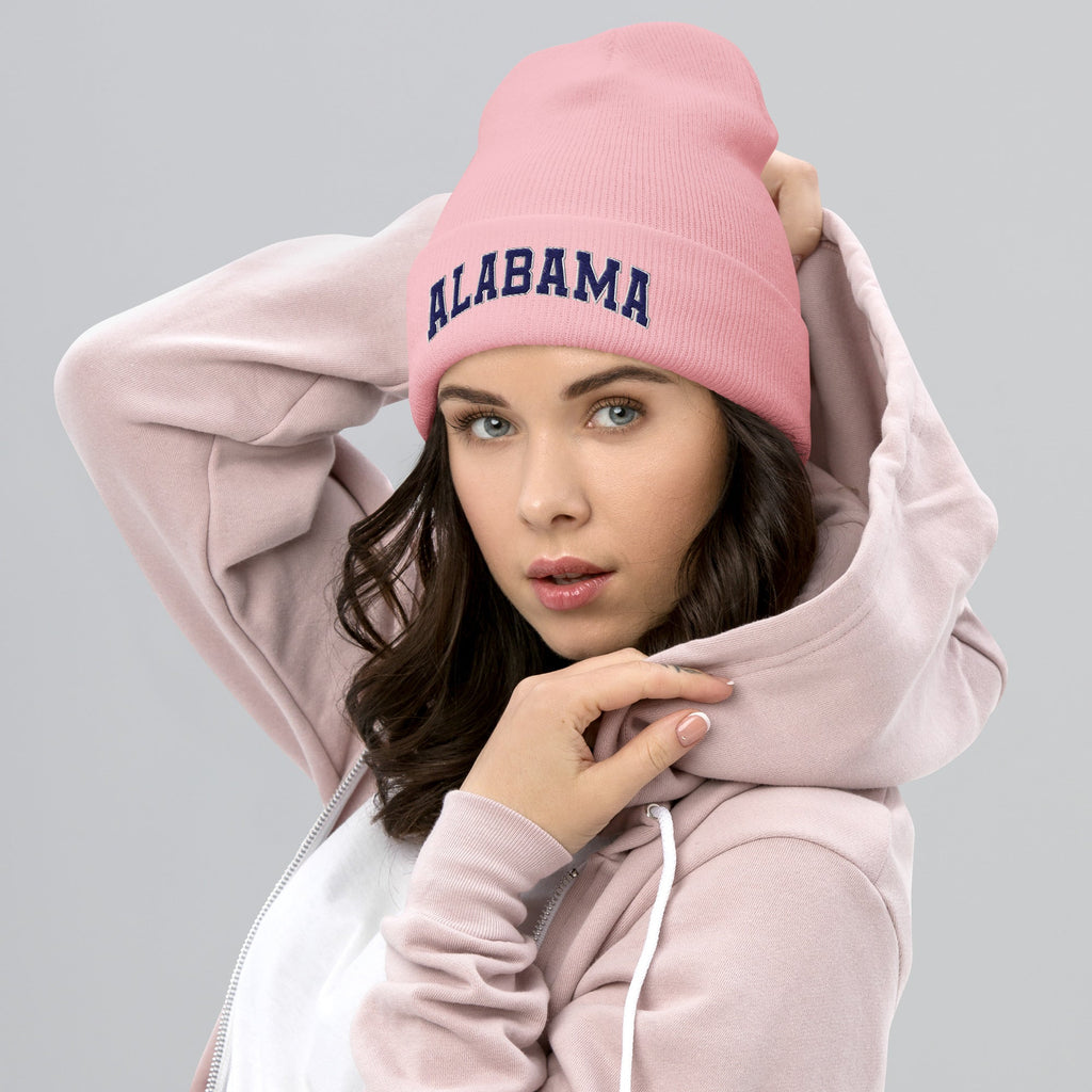 Alabama Vintage Varsity Embroidered Cuffed Beanie - Baby Pink