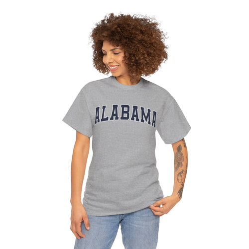 A woman wearing a sport grey t-shirt with 'ALABAMA' typography design in varsity style on a white background