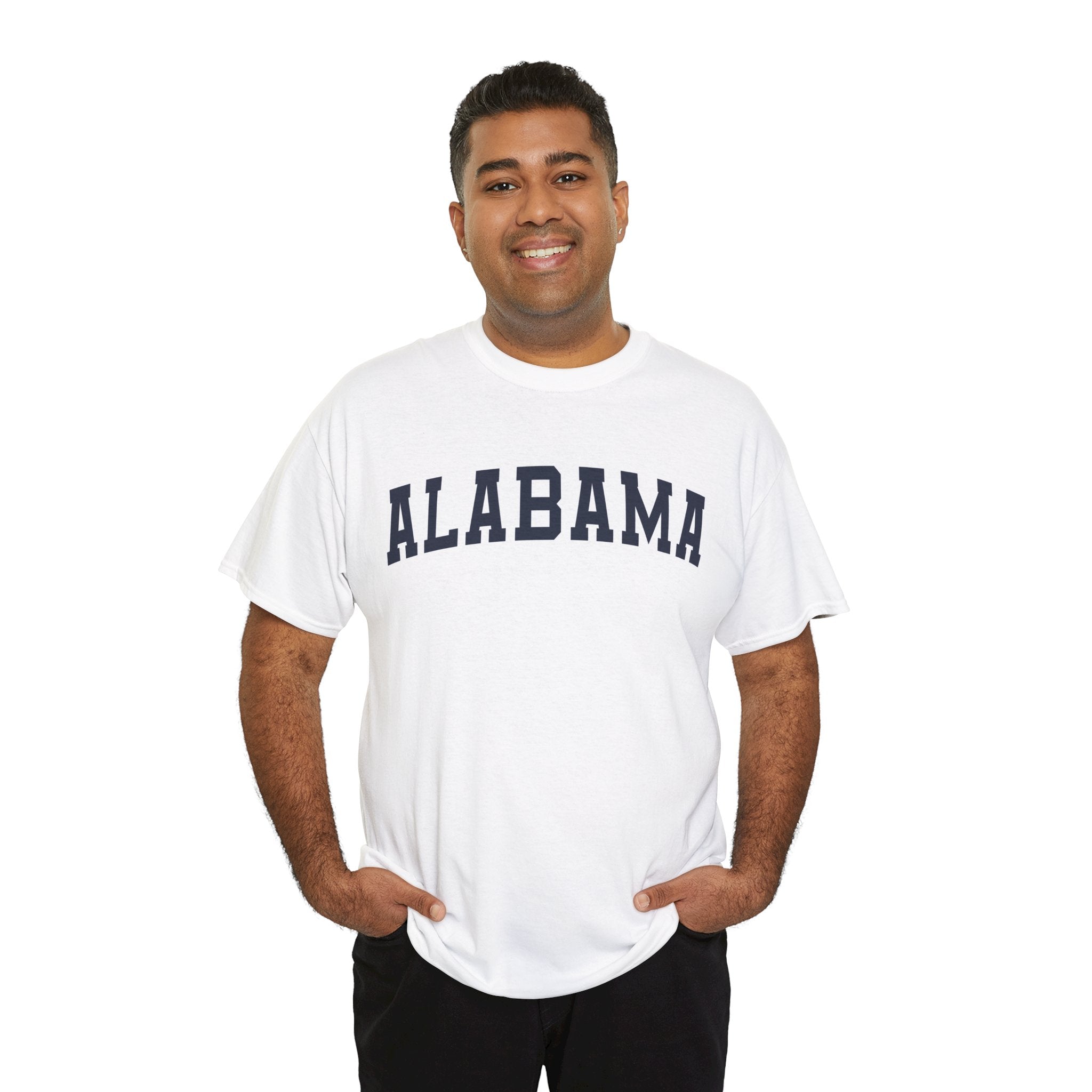 A man wearing a white t-shirt with 'ALABAMA' typography design in varsity style on a white background
