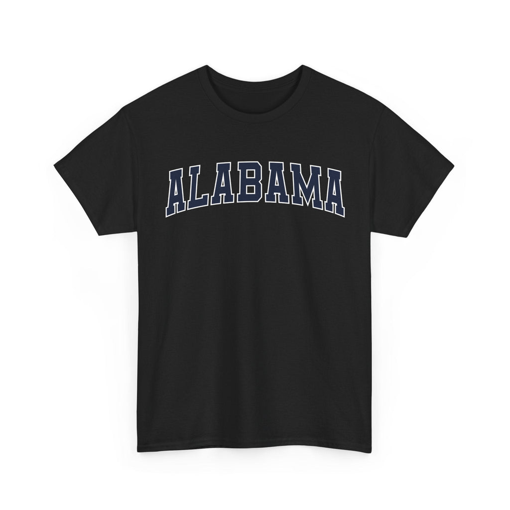 Black t-shirt with 'ALABAMA' typography design in varsity style on a white background