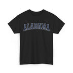 Black t-shirt with 'ALABAMA' typography design in varsity style on a white background