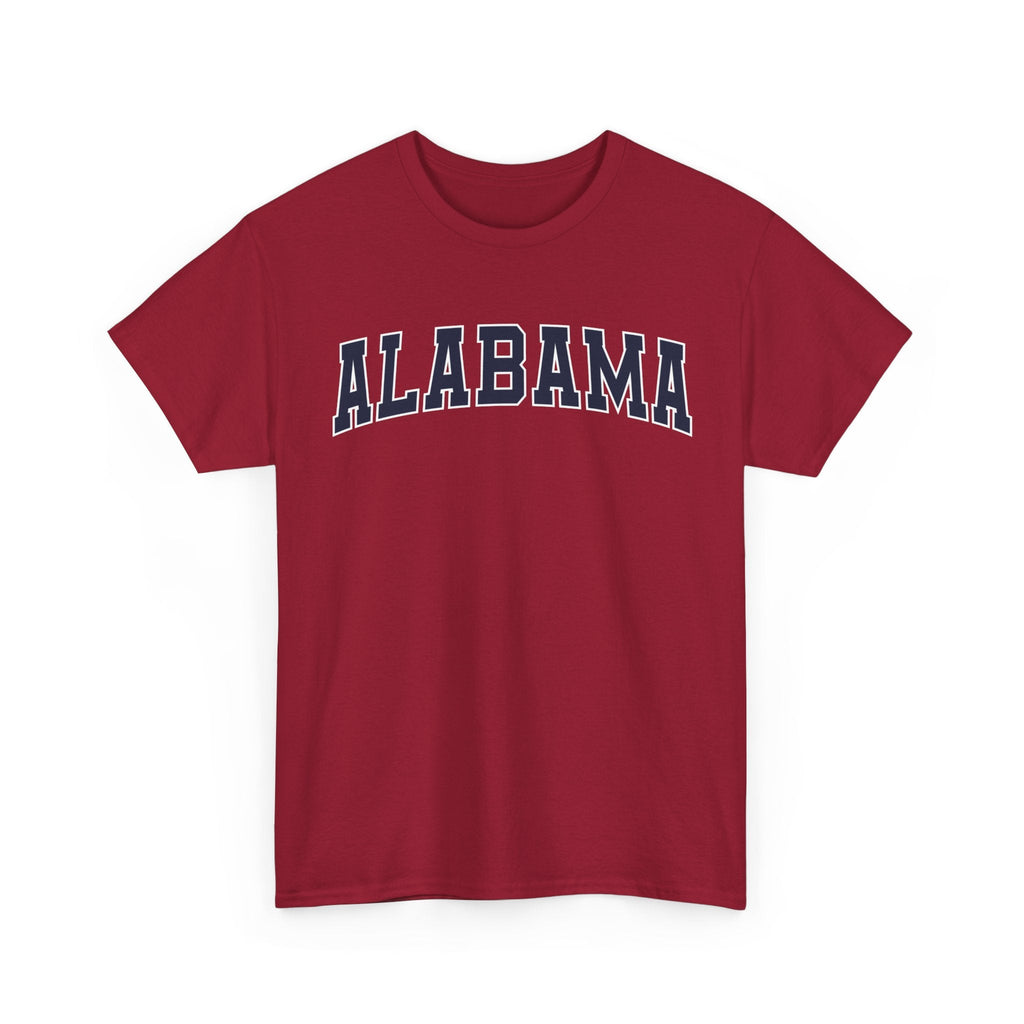 Cardinal Red t-shirt with 'ALABAMA' typography design in varsity style on a white background