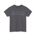 Charcoal t-shirt with 'ALABAMA' typography design in varsity style on a white background