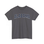 Charcoal t-shirt with 'ALABAMA' typography design in varsity style on a white background