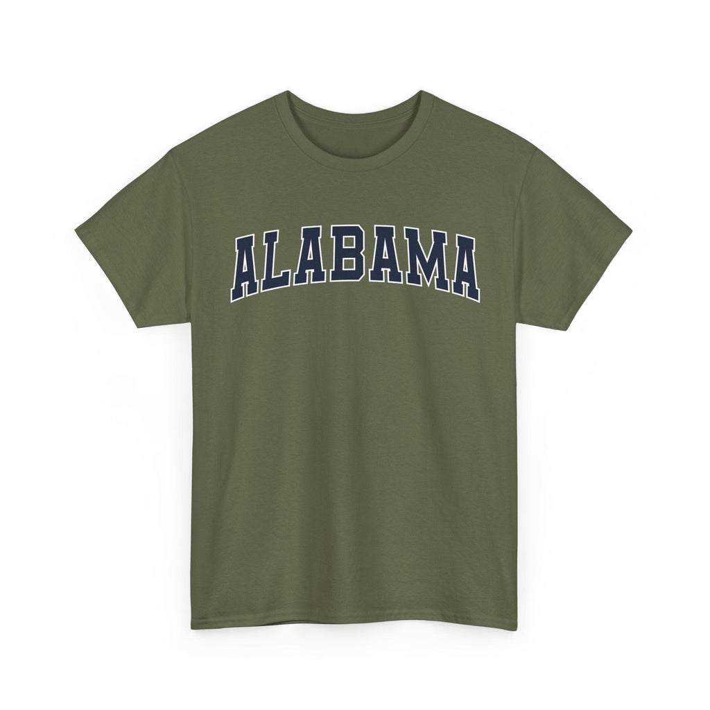 Green t-shirt with 'ALABAMA' typography design in varsity style on a white background
