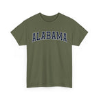 Green t-shirt with 'ALABAMA' typography design in varsity style on a white background