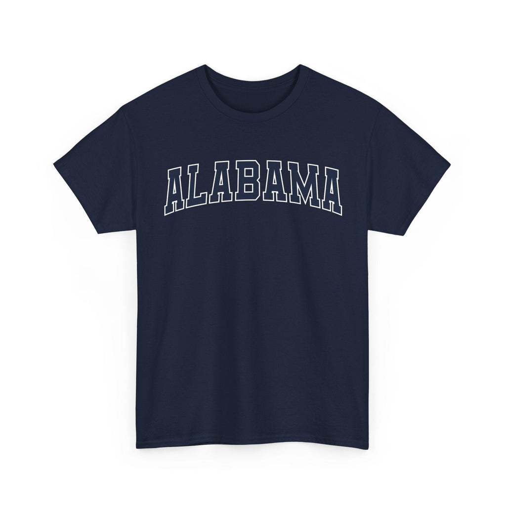 Navy t-shirt with 'ALABAMA' typography design in varsity style on a white background