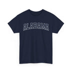 Navy t-shirt with 'ALABAMA' typography design in varsity style on a white background