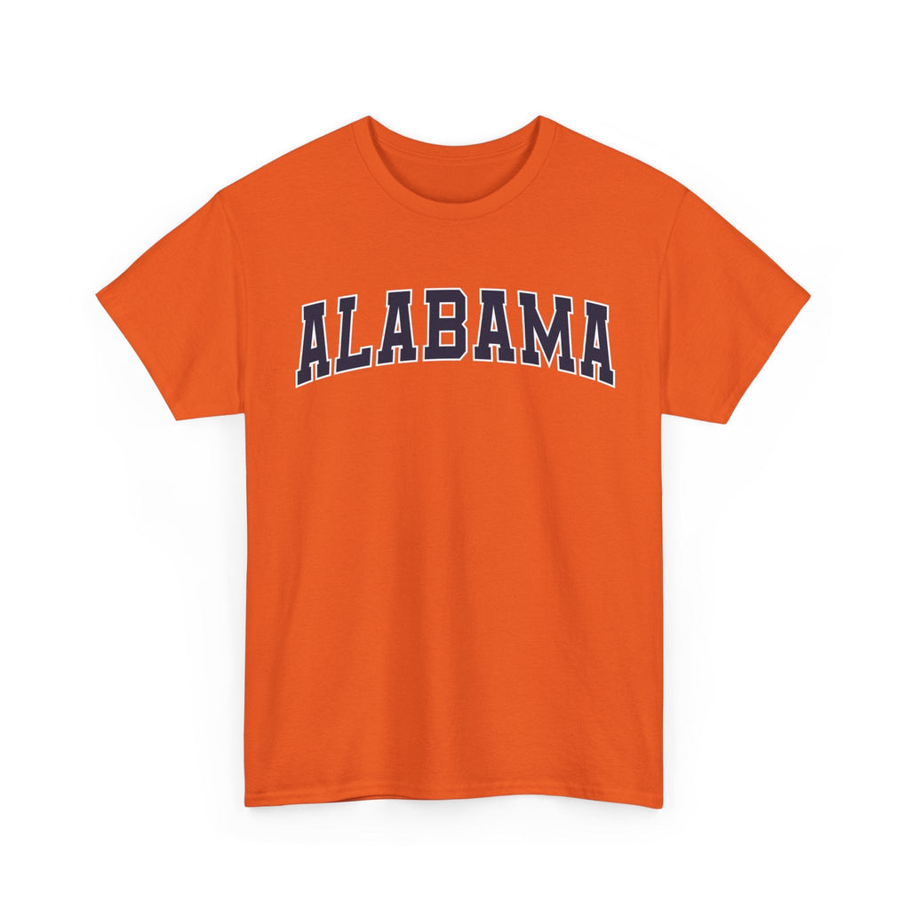Orange t-shirt with 'ALABAMA' typography design in varsity style on a white background