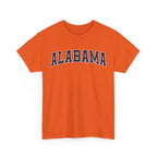 Orange t-shirt with 'ALABAMA' typography design in varsity style on a white background