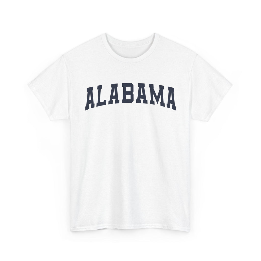 White t-shirt with 'ALABAMA' typography design in varsity style on a white background
