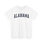 White t-shirt with 'ALABAMA' typography design in varsity style on a white background
