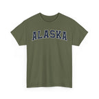 Green t-shirt with 'ALASKA' printed on it against a white background