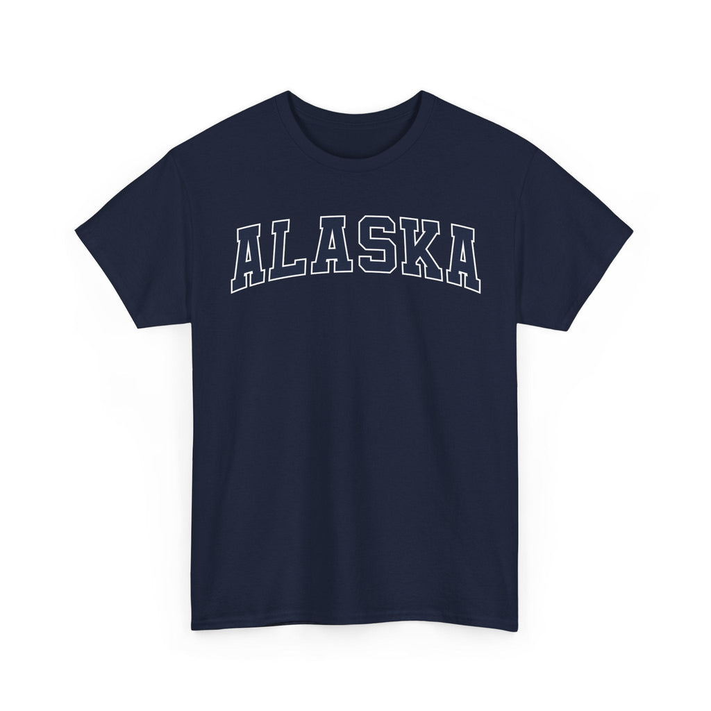 Navy blue t-shirt with 'ALASKA' printed on a white background