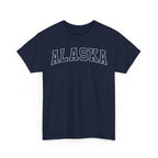 Navy blue t-shirt with 'ALASKA' printed on a white background