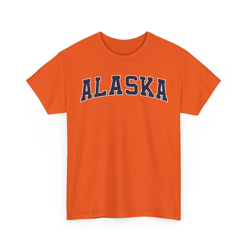 Orange t-shirt with 'ALASKA' printed on it against a white background