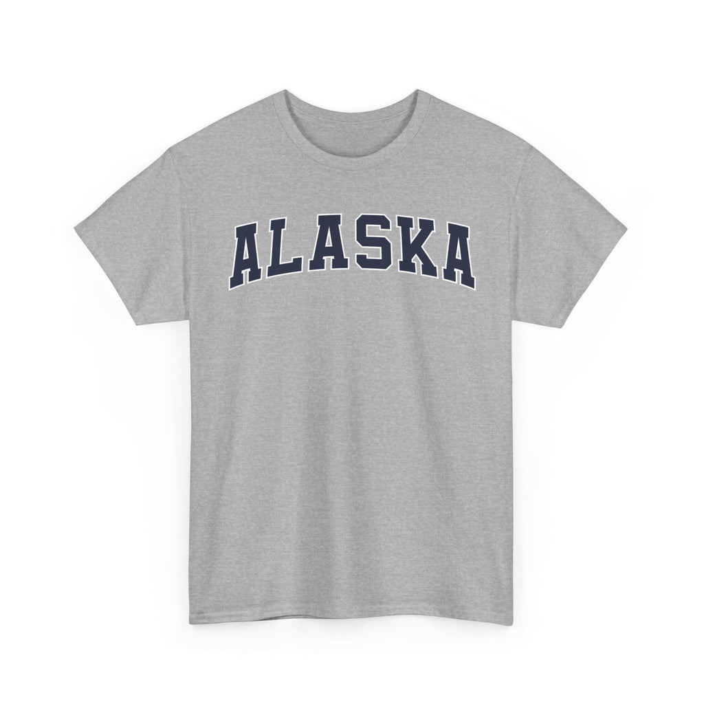 Gray t-shirt with 'ALASKA' printed in navy on a white background
