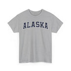 Gray t-shirt with 'ALASKA' printed in navy on a white background