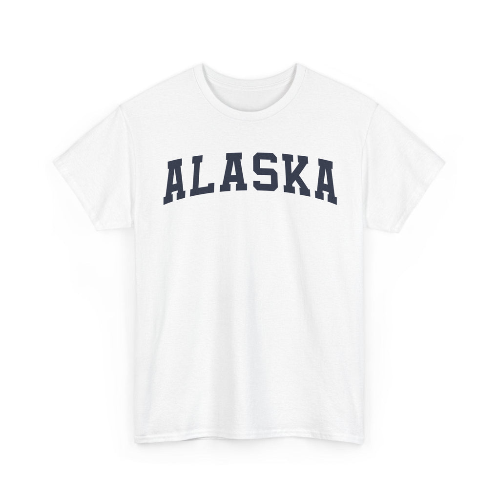 White t-shirt with 'ALASKA' printed on a white background
