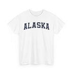 White t-shirt with 'ALASKA' printed on a white background