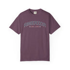 Berry t-shirt with 'AMERICA EST. 1776' typography design in varsity style on a white background