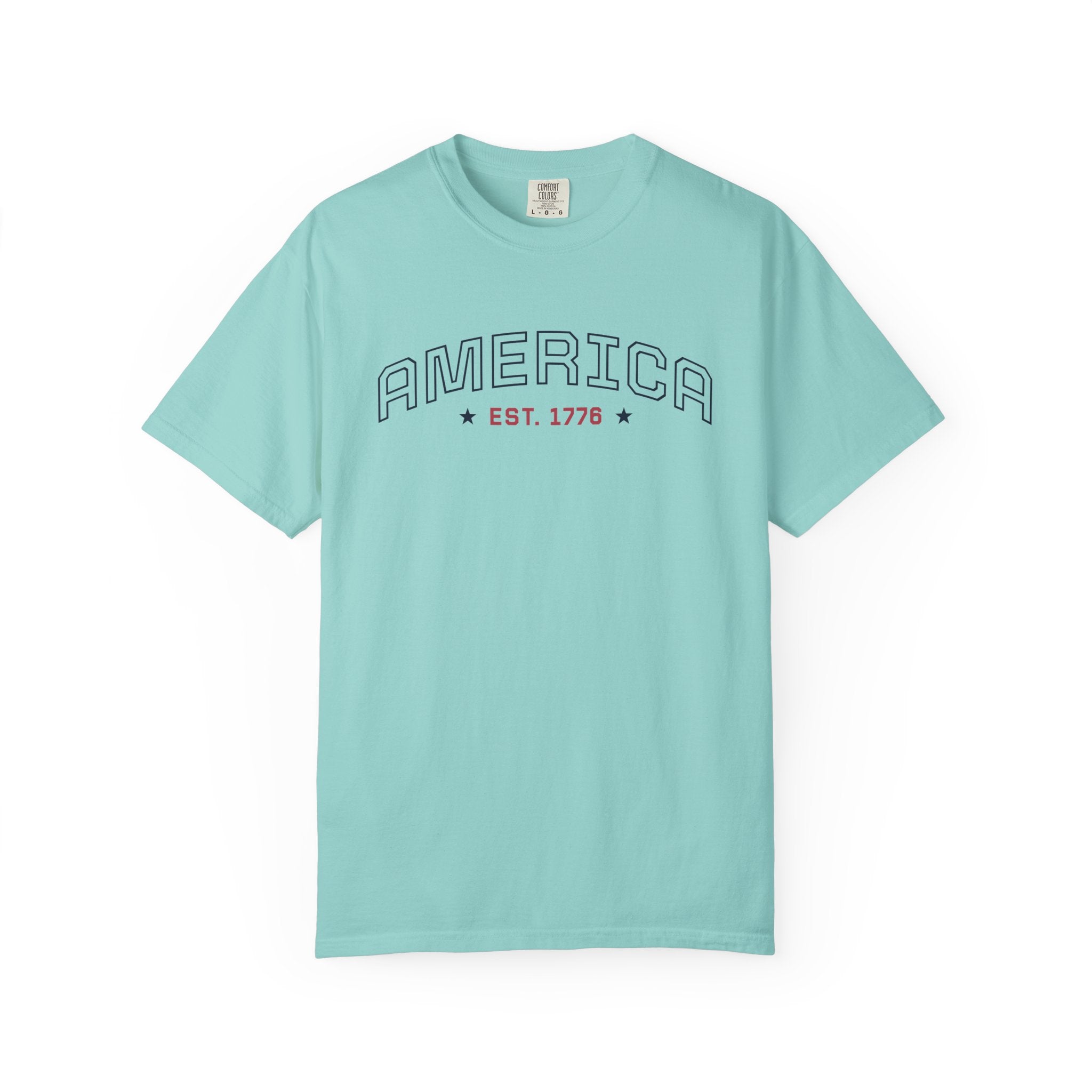 Chalky Mint t-shirt with 'AMERICA EST. 1776' typography design in varsity style on a white background