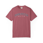 Crimson t-shirt with 'AMERICA EST. 1776' typography design in varsity style on a white background