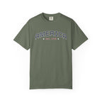 Moss t-shirt with 'AMERICA EST. 1776' typography design in varsity style on a white background