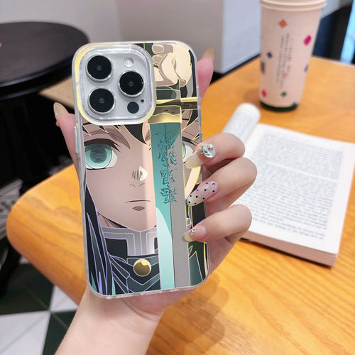 Phone case with anime Kimetsu No Yaiba Demon Slayer Muichiro Tokito character design held by a hand on a wooden table.