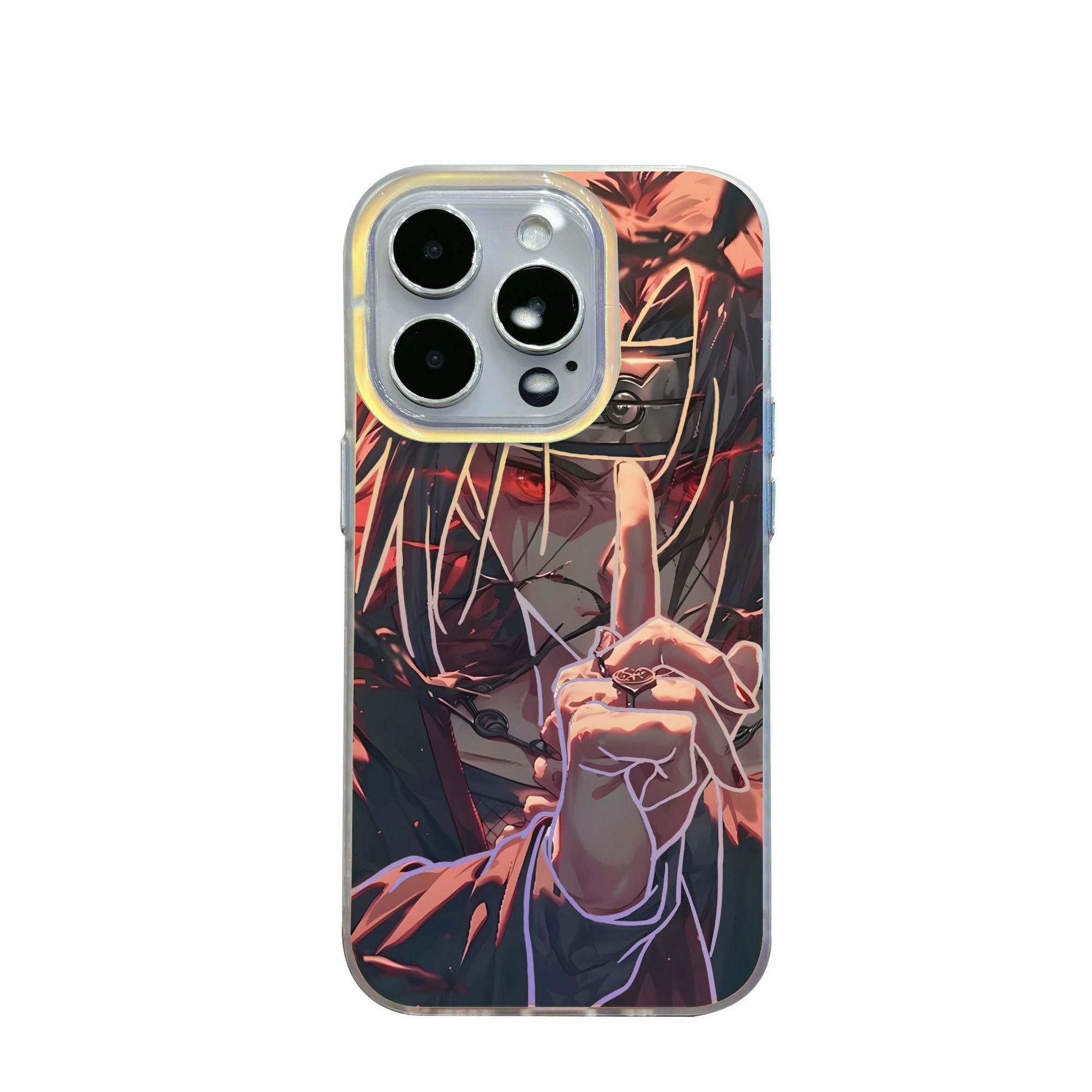 Phone case with an anime-style Naruto Shippuden Uchiha Itachi design of a character with a hand gesture on a white background