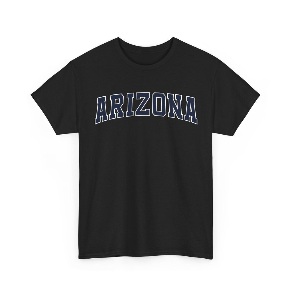 Black t-shirt with 'ARIZONA' typography design in varsity style on a white background