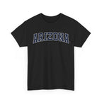 Black t-shirt with 'ARIZONA' typography design in varsity style on a white background