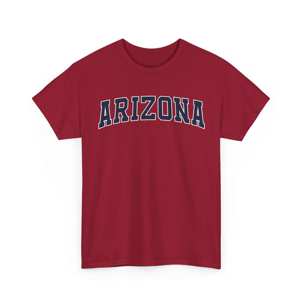 Cardinal red t-shirt with 'ARIZONA' typography design in varsity style on a white background
