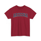 Cardinal red t-shirt with 'ARIZONA' typography design in varsity style on a white background