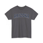 Charcoal t-shirt with 'ARIZONA' typography design in varsity style on a white background