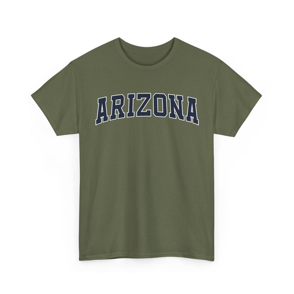 Green t-shirt with 'ARIZONA' typography design in varsity style on a white background