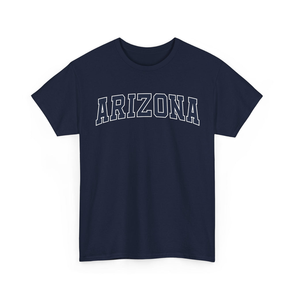 Navy t-shirt with 'ARIZONA' typography design in varsity style on a white background