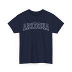 Navy t-shirt with 'ARIZONA' typography design in varsity style on a white background